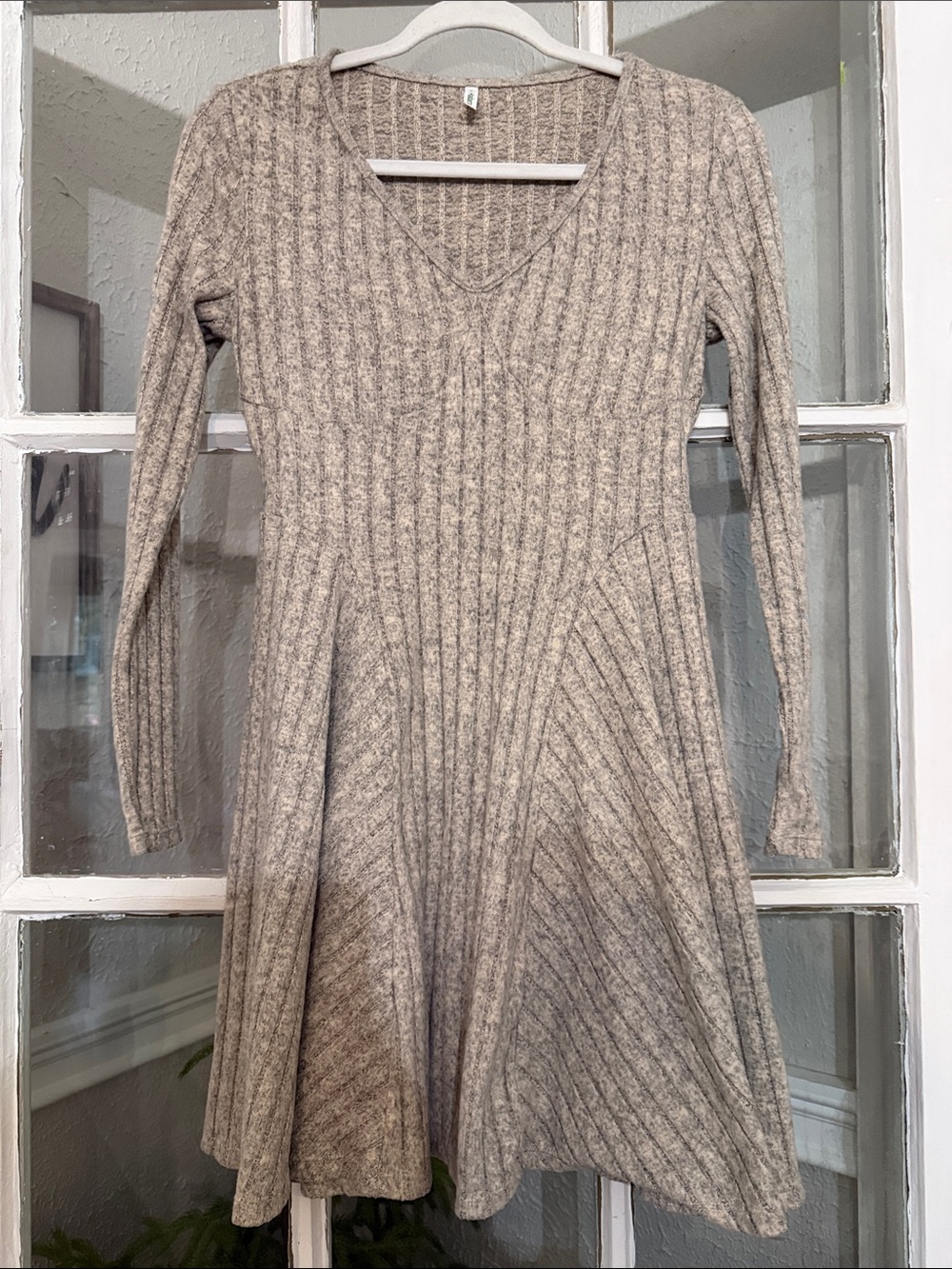 Halara V-Neck Rib Knit Long-Sleeve Sweater Dress — Light Taupe